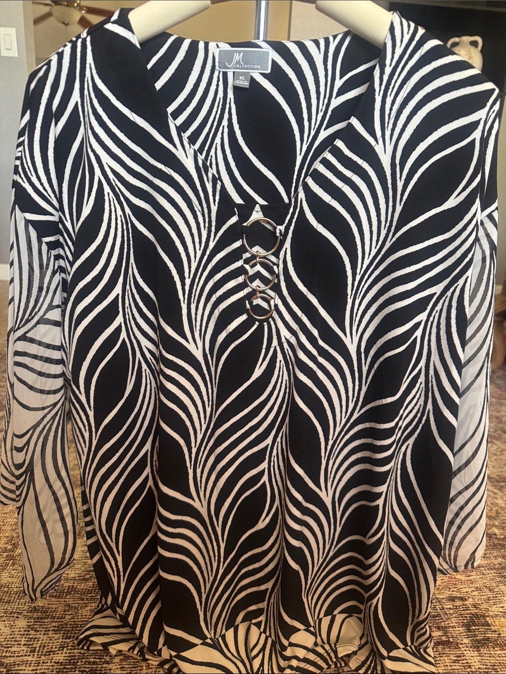 JM Collection Black and White Wave-Print V-Neck Tunic with Ring Detail